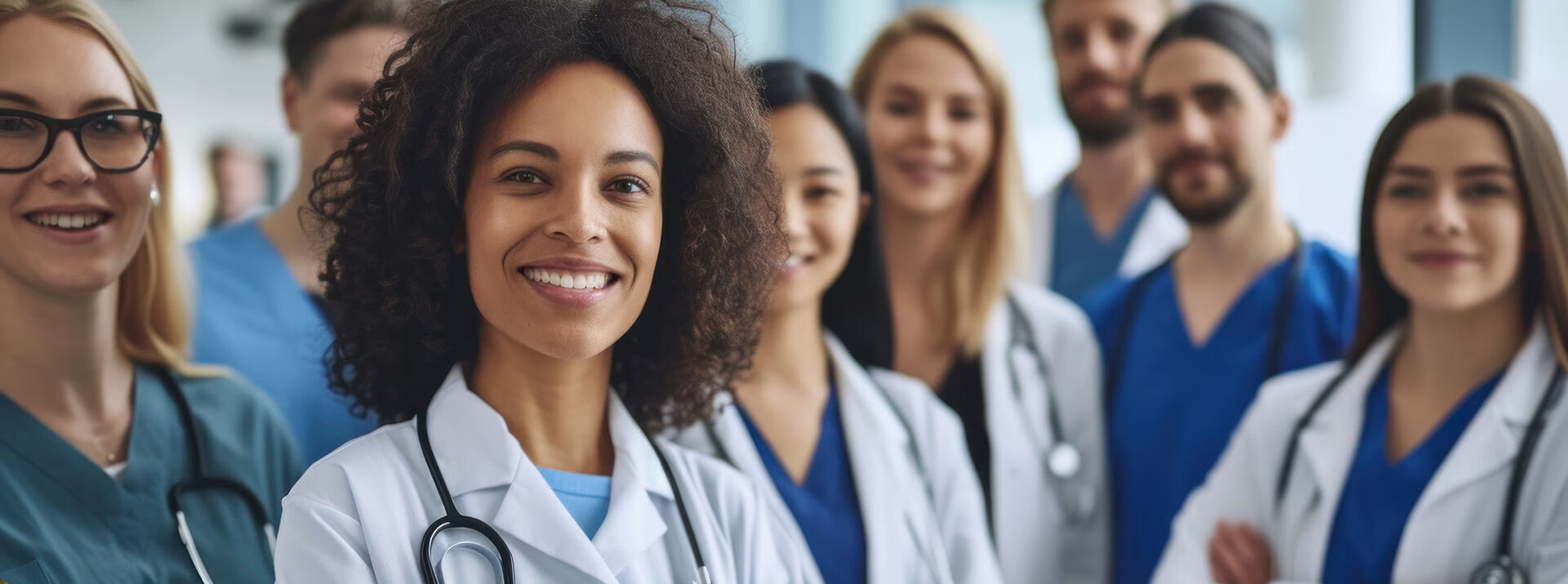 group of family medicine doctors in white coats